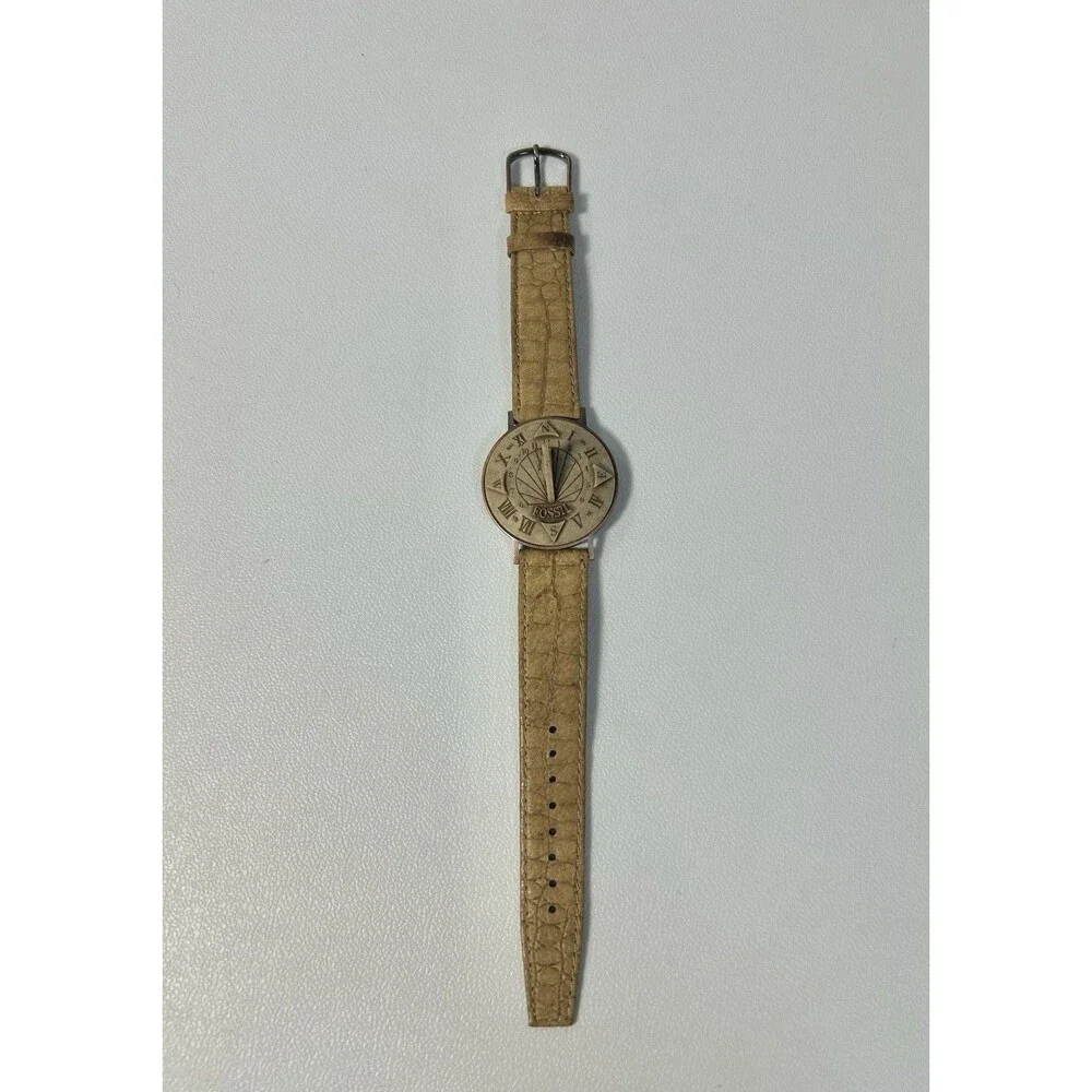 Vintage Sundial Fossil Brown Leather Analog Watch Novelty Wristwatch
